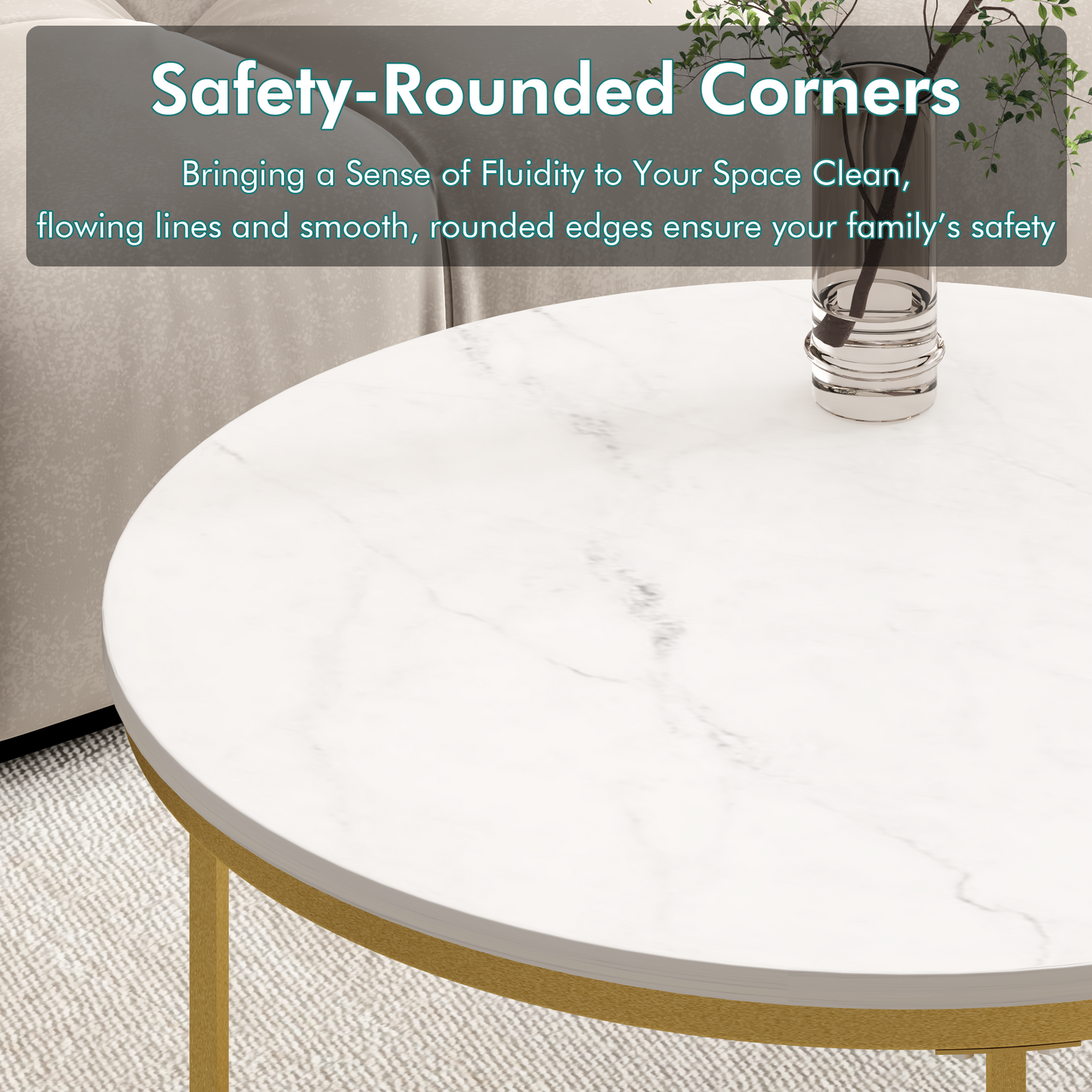 Nesting Coffee Table Set of 2 - Round Wood Marble Pattern - White+Gold