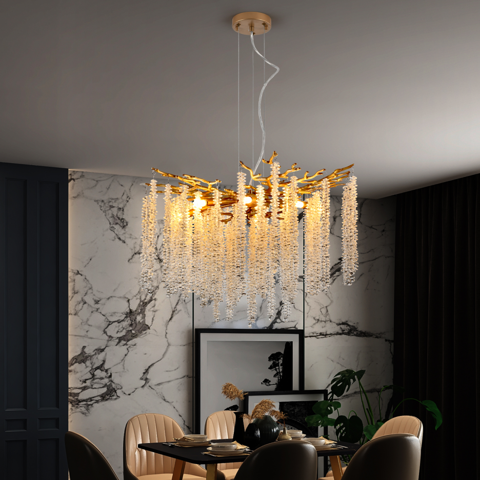 24-Inch Modern Golden Pendant Light with Cascading Crystal Strands for Living & Dining Rooms