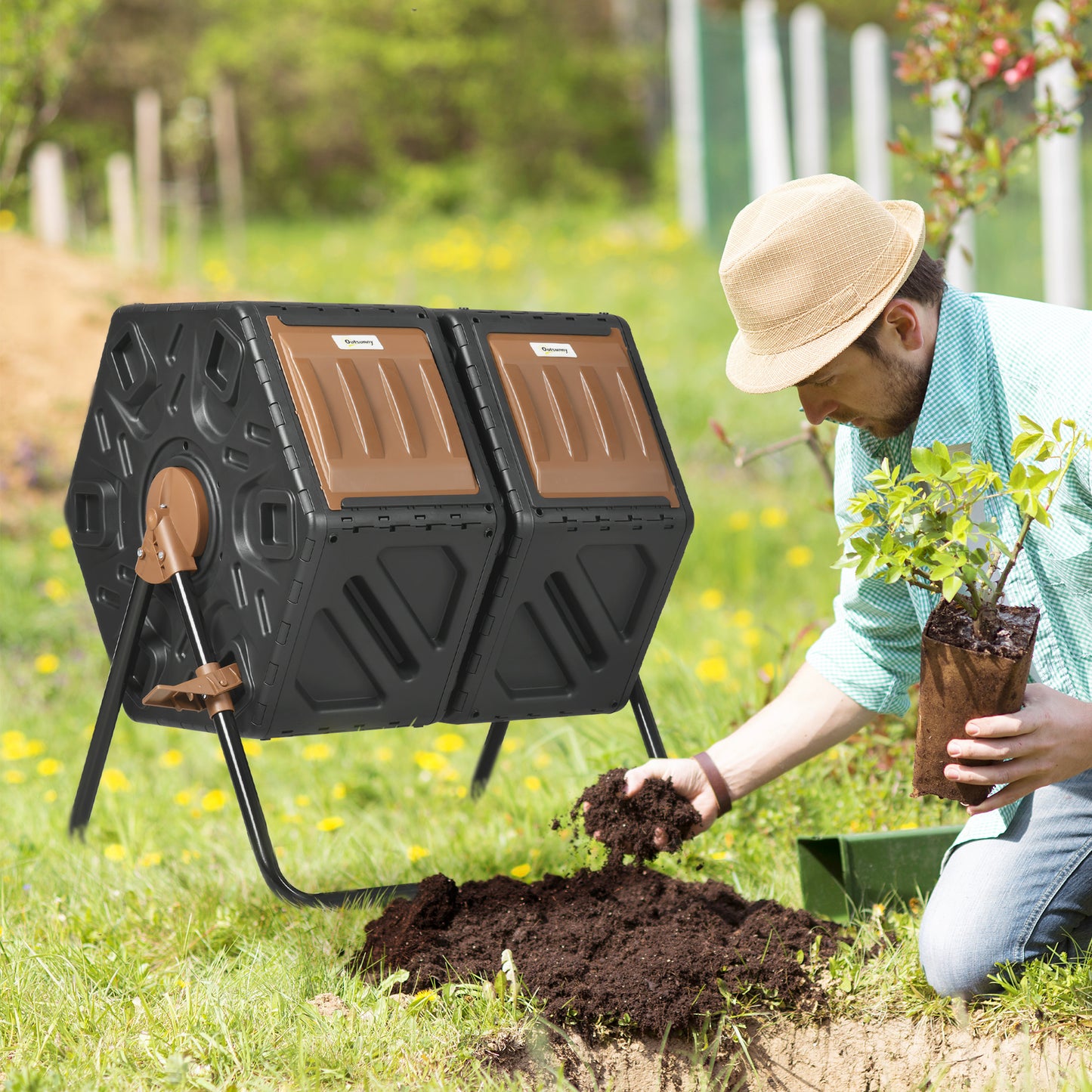 Dual Chamber Outdoor Compost Tumbler Bin 34.5 Gallon with Ventilation and Steel Legs
