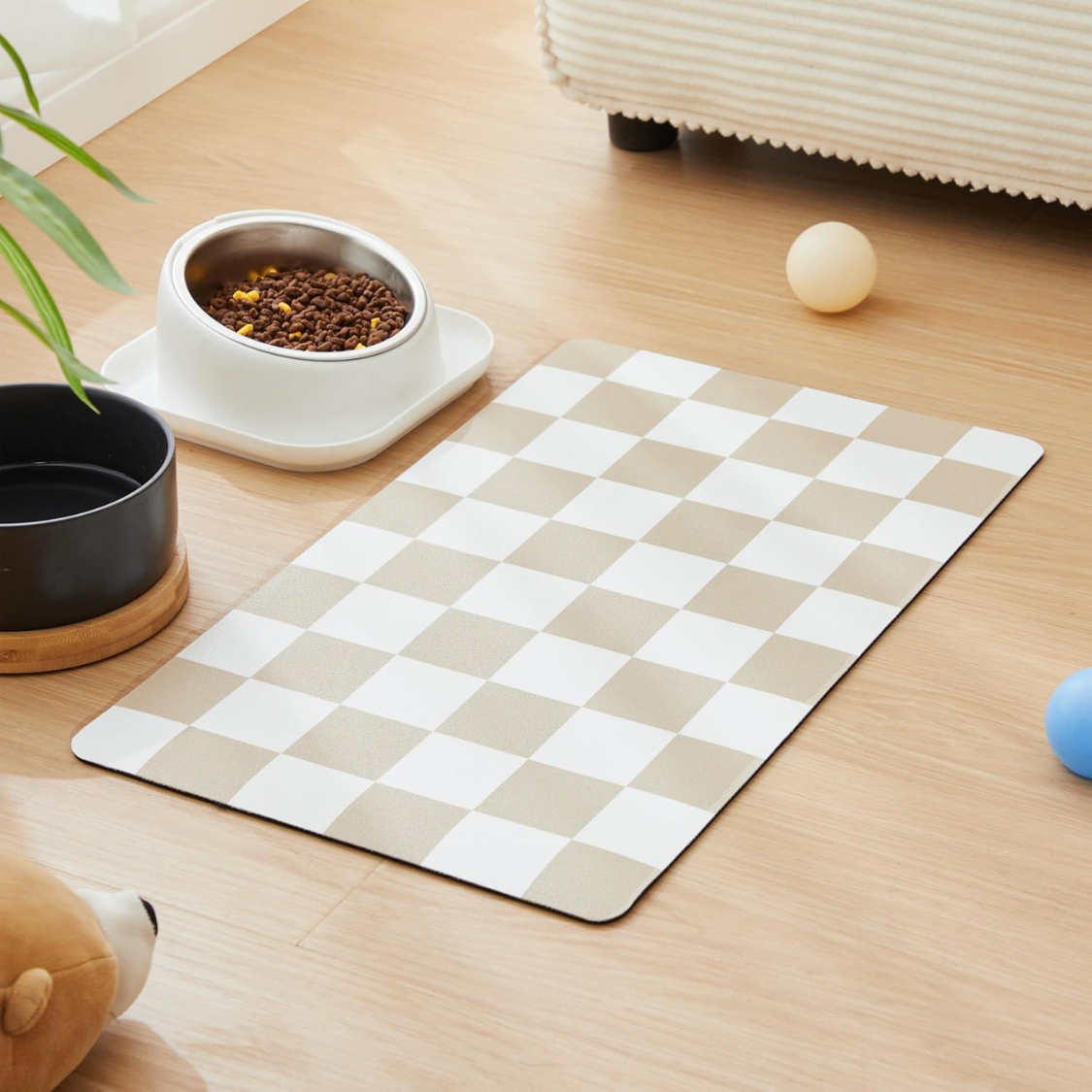 Dog Food & Water Mat - Absorbent, Non-Slip Checkered Pet Placemat - Khaki Beige
