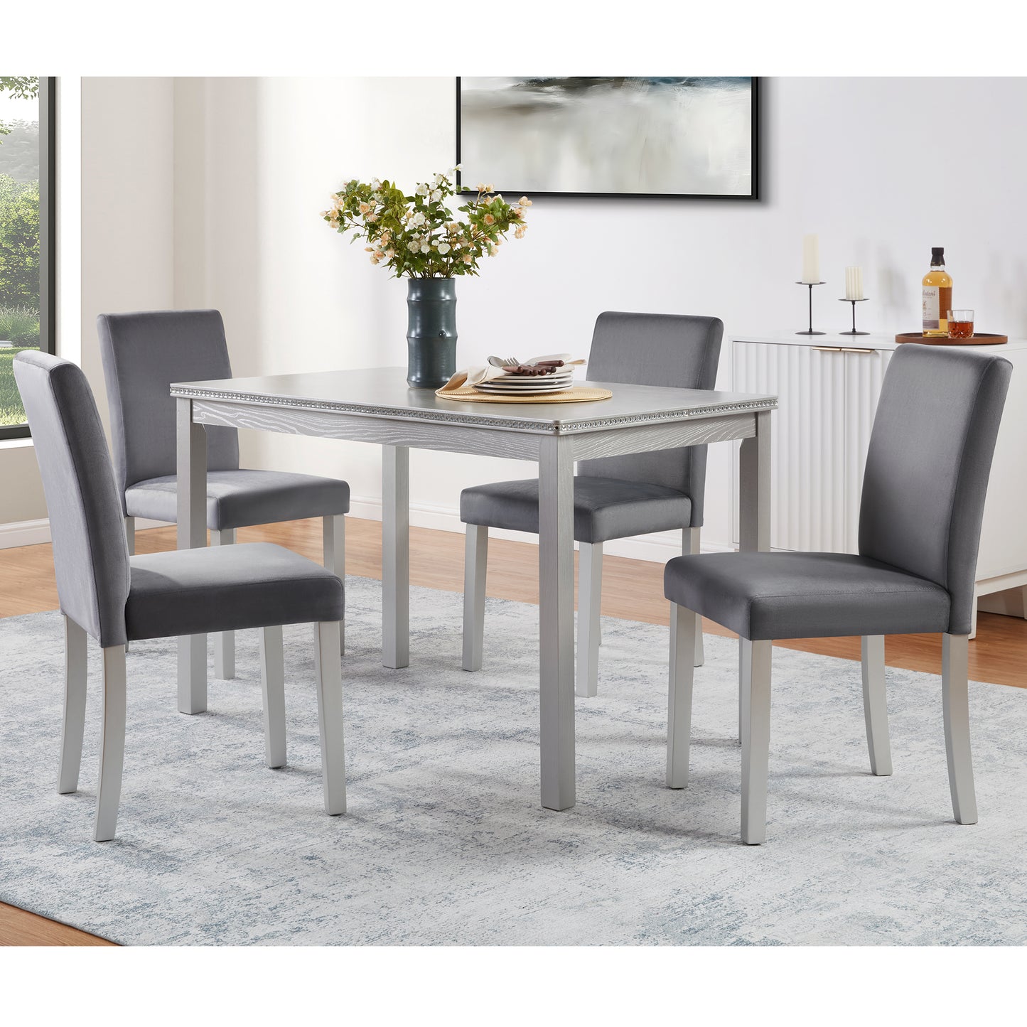 5-Piece Wooden Dining Table Set with Upholstered Chairs - Silver Grey