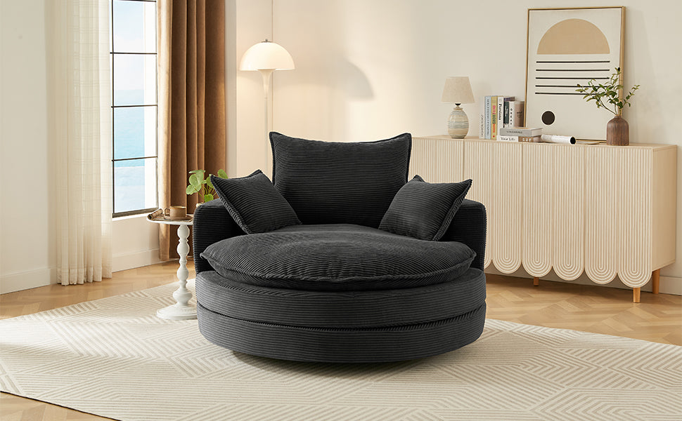 Oversized 360° Swivel Chair with Dual-Layer Cushions - Black