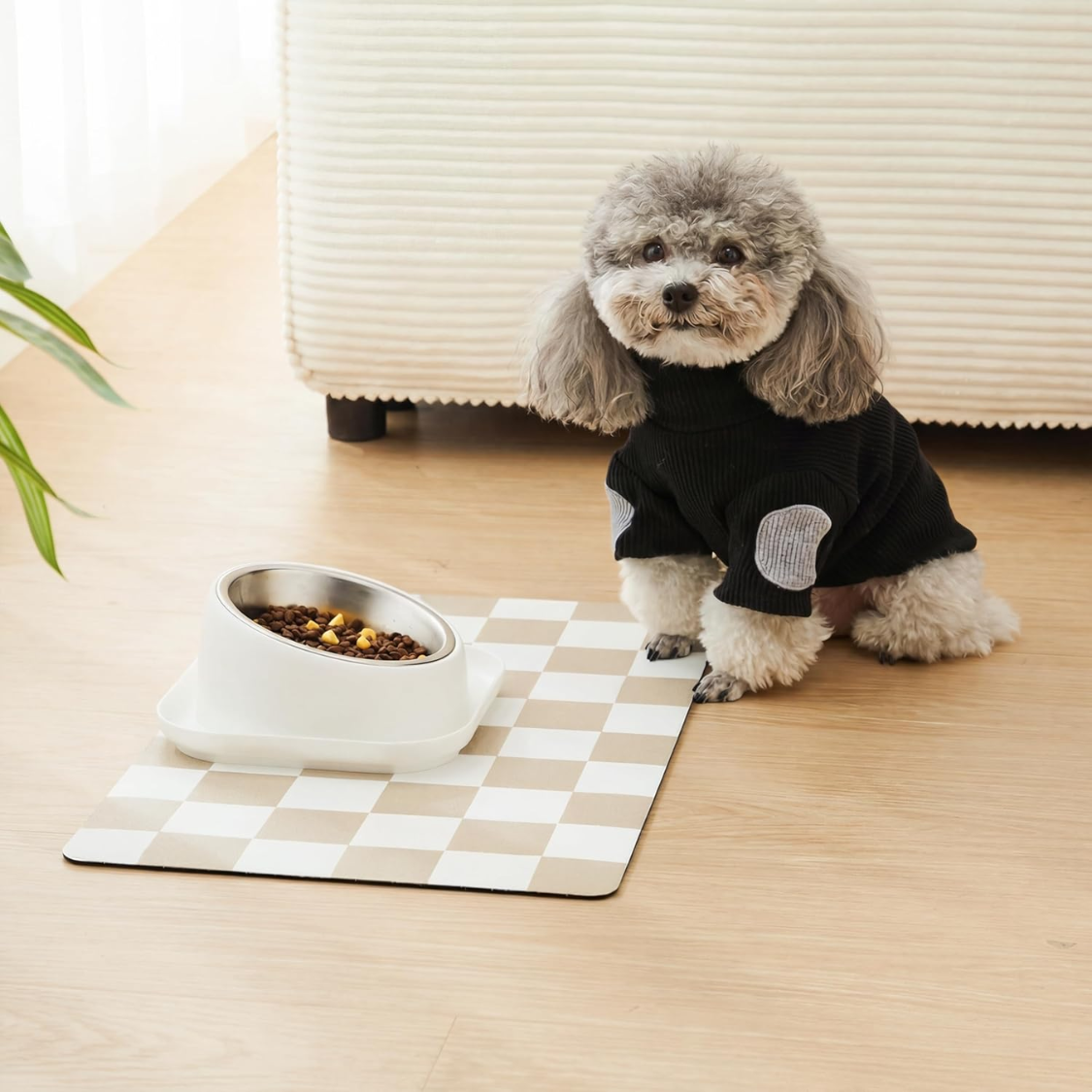 Dog Food & Water Mat - Absorbent, Non-Slip Checkered Pet Placemat - Khaki Beige