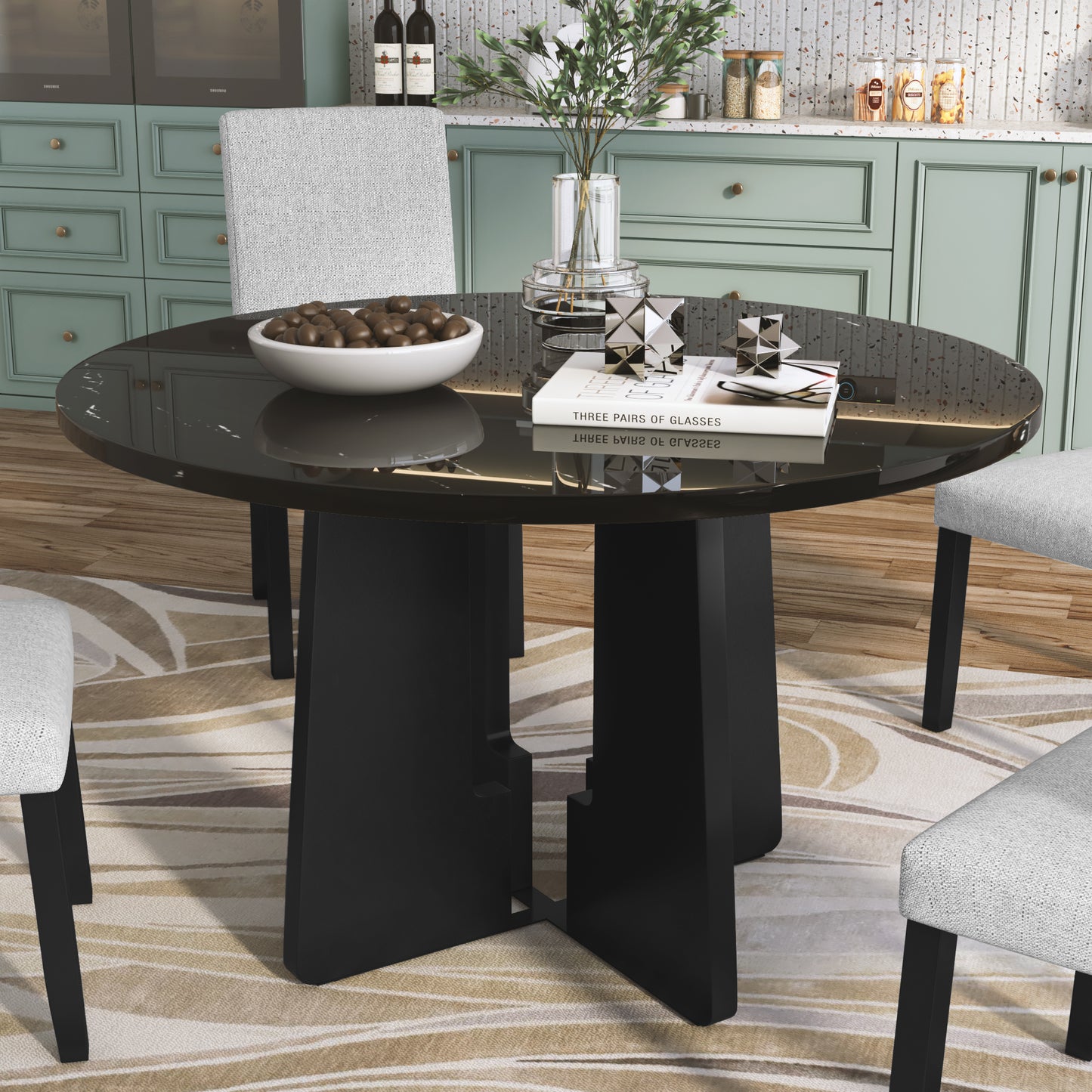 Round Dining Table For 4, 43-Inch Faux Marble Top, Mid-Century Modern