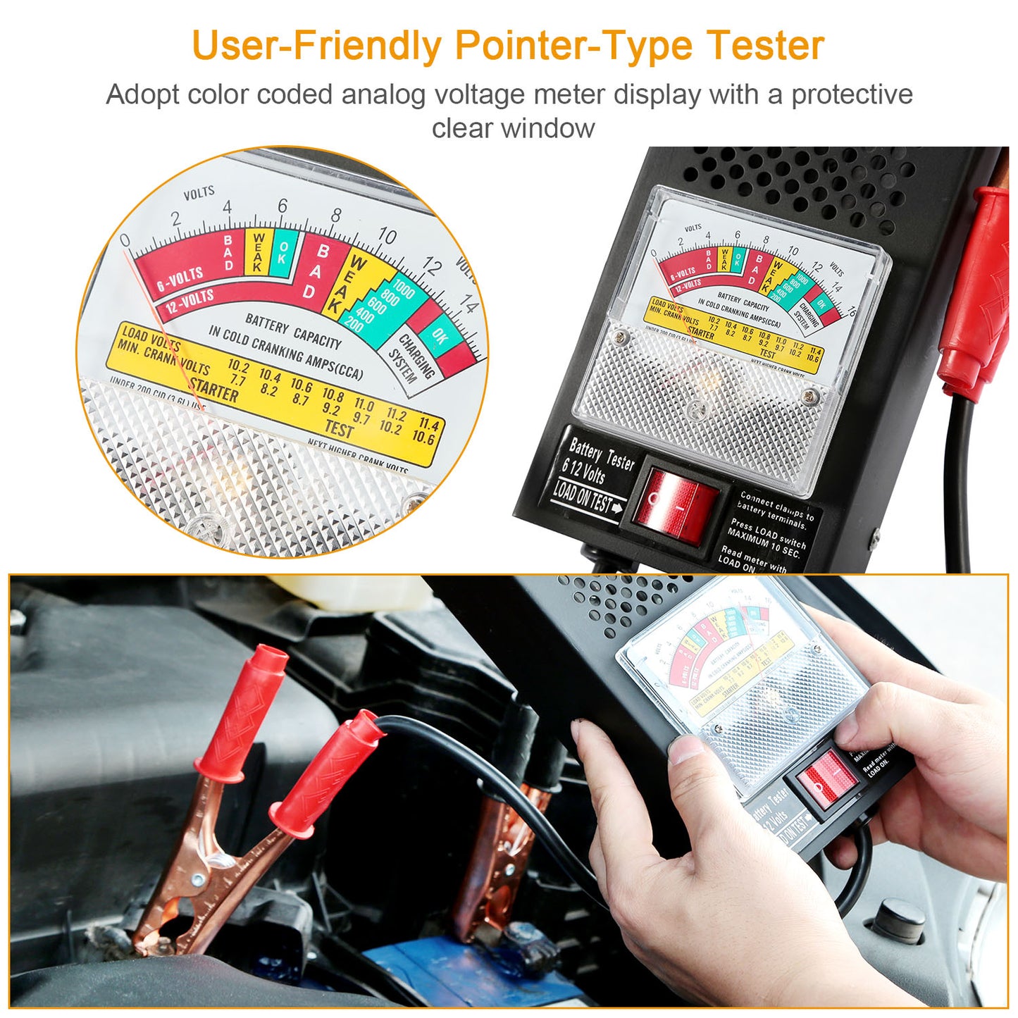 Battery Load Tester 6-12V Automotive Battery Tester with Copper Clips and Handle