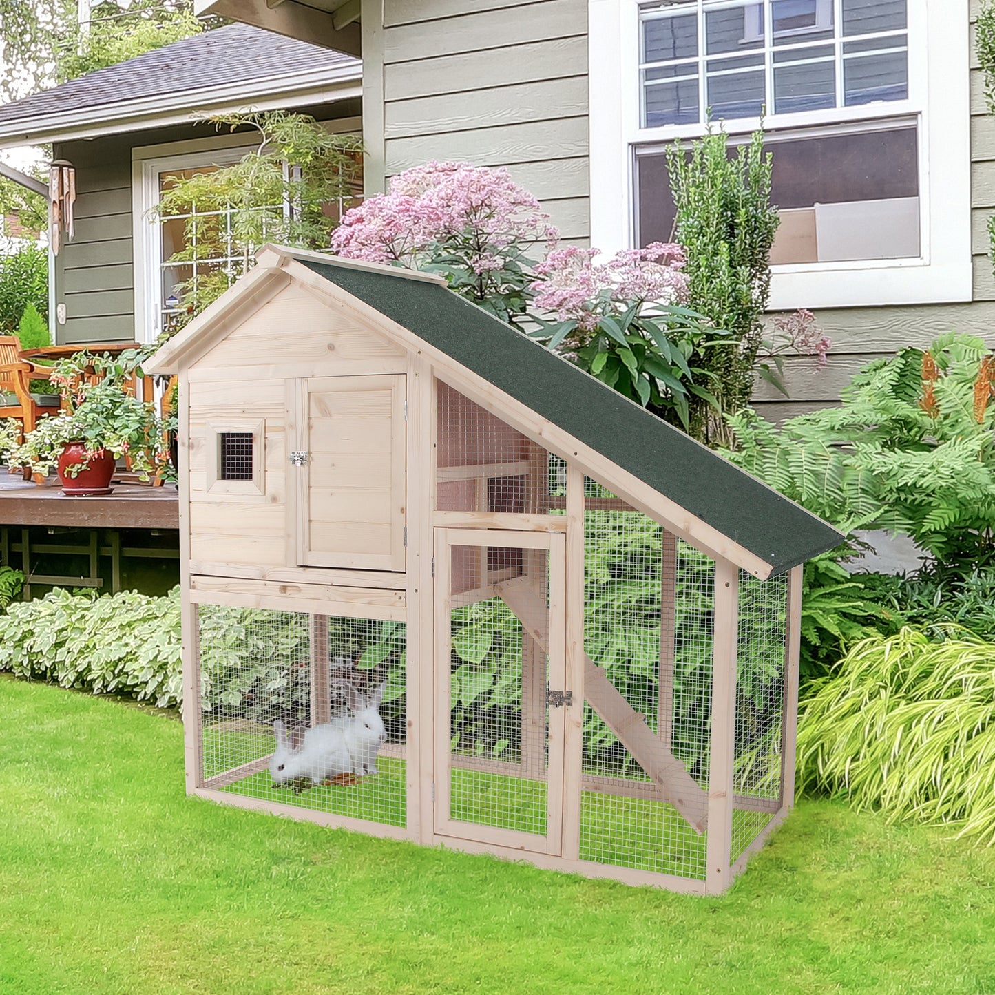 55-Inch Wooden Rabbit Hutch 2-Tier Pet Cage with Removable Tray Outdoor Enclosure