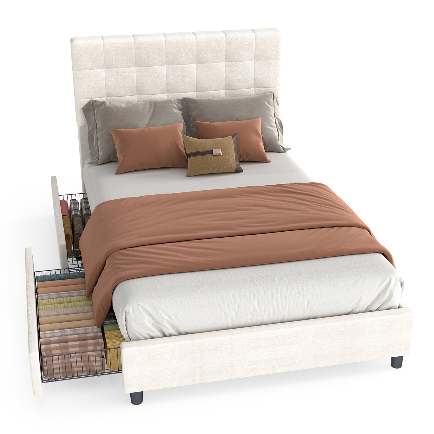 Bed Frame Upholstered Vertical Channel Headboard With 4 Storage