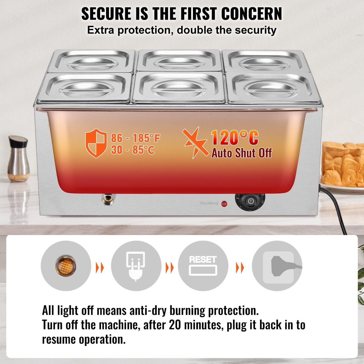 Commercial Food Warmer 6-Pan Countertop Buffet Bain Marie 14.3QT - Stainless Steel