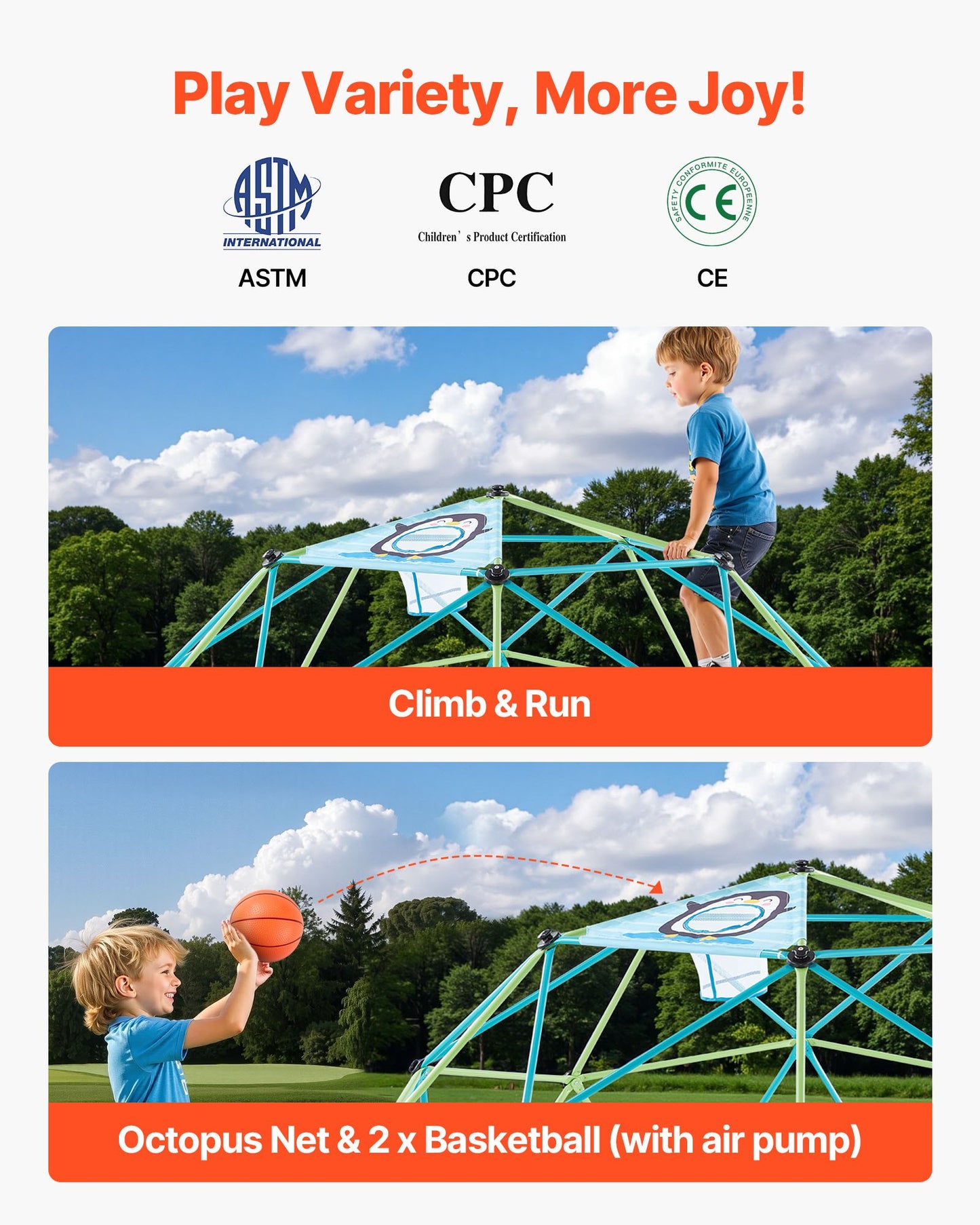 10FT Kids Climbing Dome Playset with Jungle Gym, Basketballs & Octopus Net