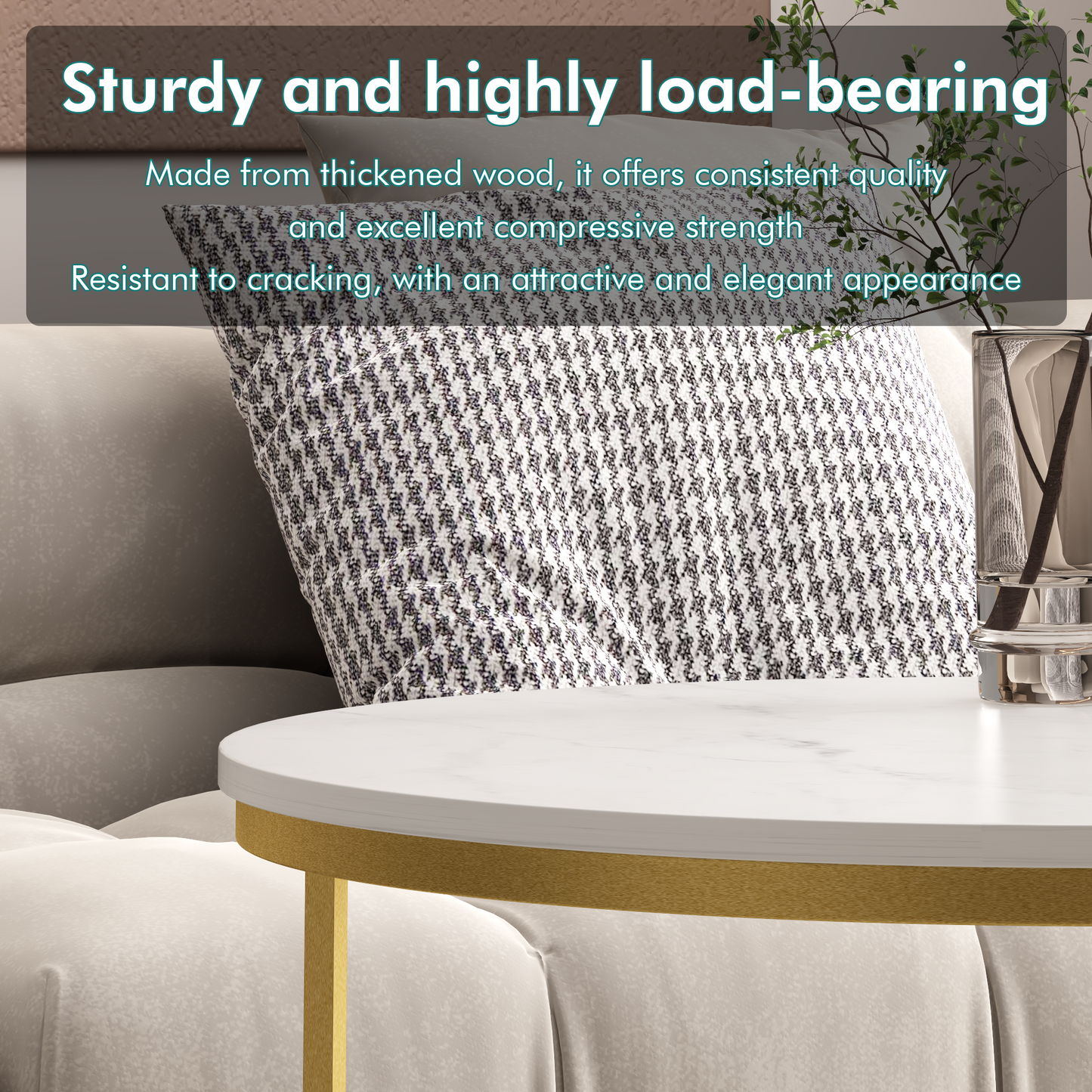 Nesting Coffee Table Set of 2 - Round Wood Marble Pattern - White+Gold