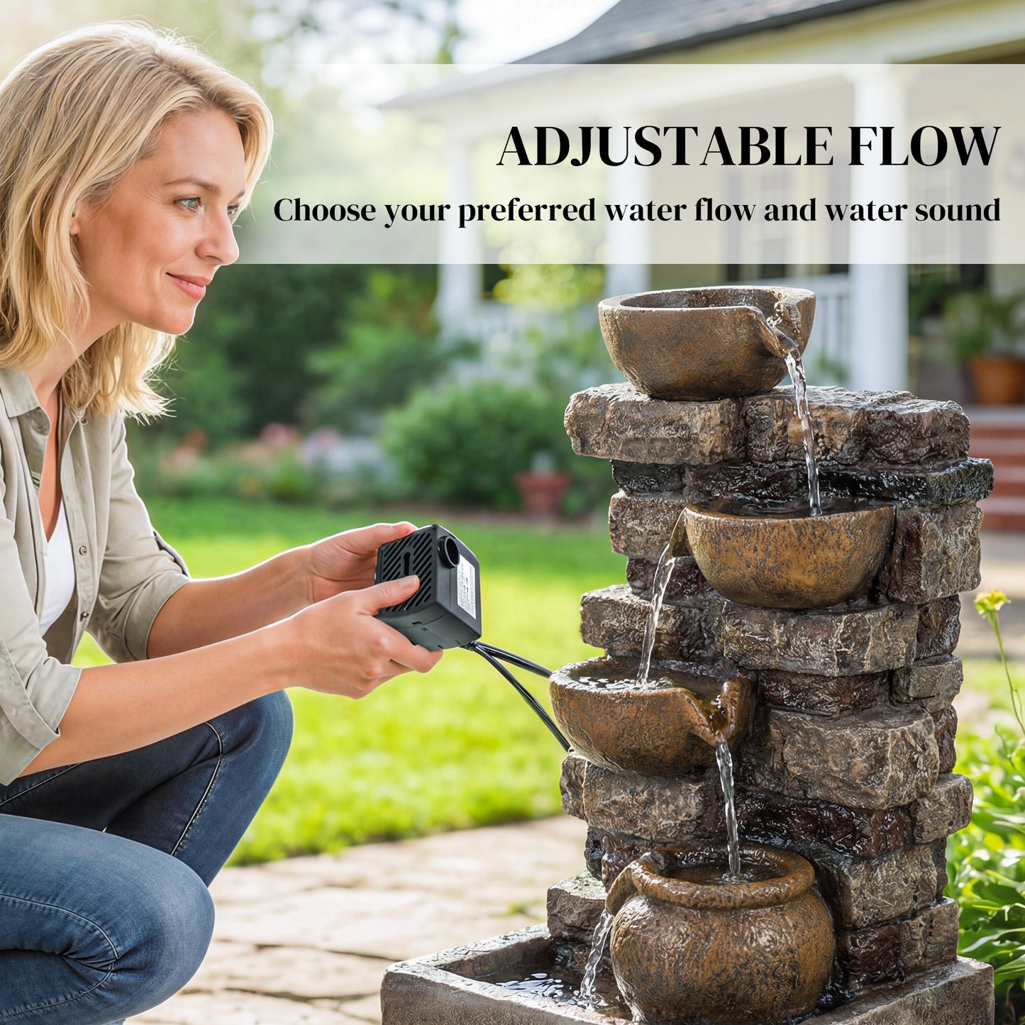 28-Inch Outdoor Fountain with 5-Tier Rustic Jugs, LED Lights, Adjustable Water Flow