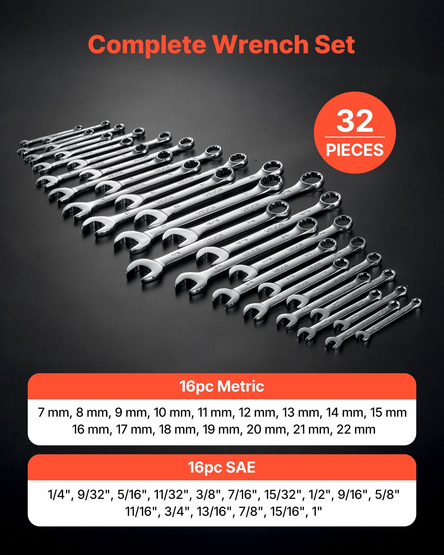 32-Piece Combination Wrench Set SAE & Metric with Roll-Up Pouch - Durable Steel