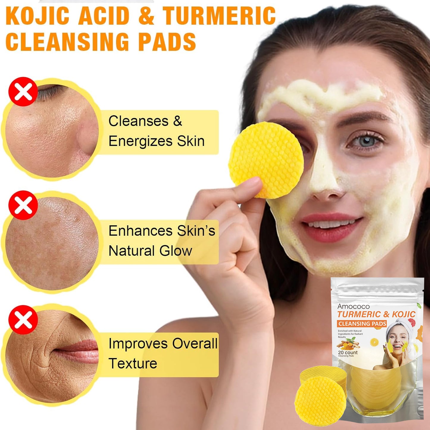 Turmeric & Kojic Acid Cleansing Pads - 20 Count Brightening Skin Exfoliator