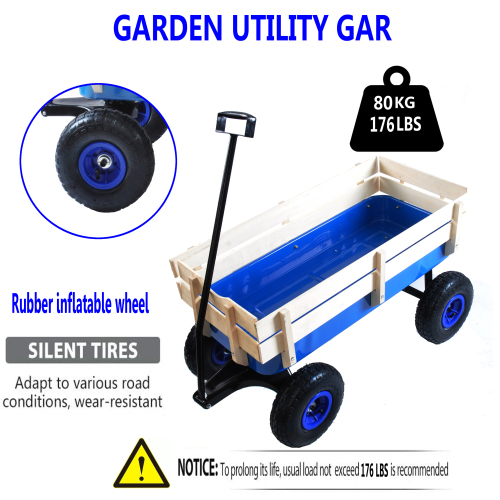 All Terrain Garden Wagon with Wood Railing and Air Tires for Outdoor Use
