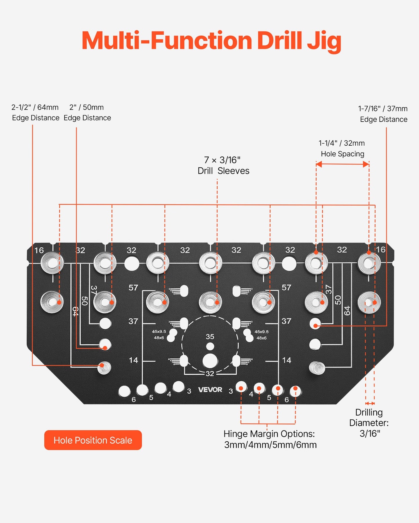 Aluminum Alloy Shelf Pin and Hinge Jig for Cabinet Drilling - Orange