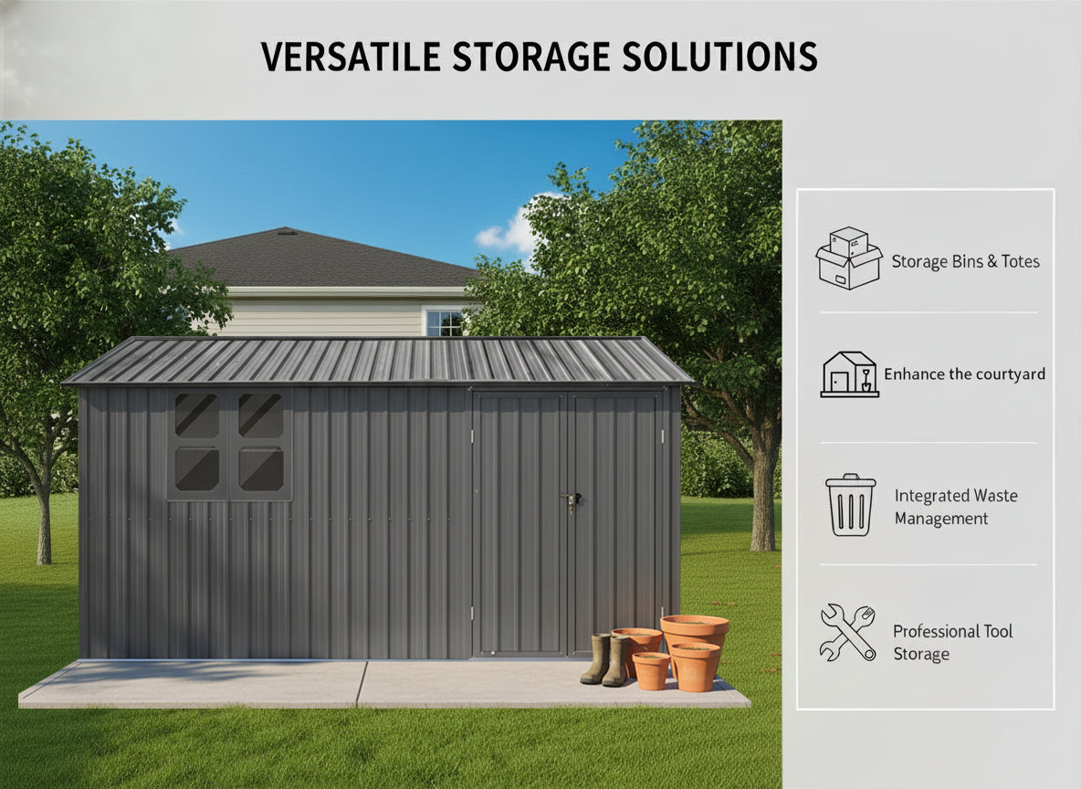 Metal Garden Shed 12x10 Ft with Window & Shelves - Grey