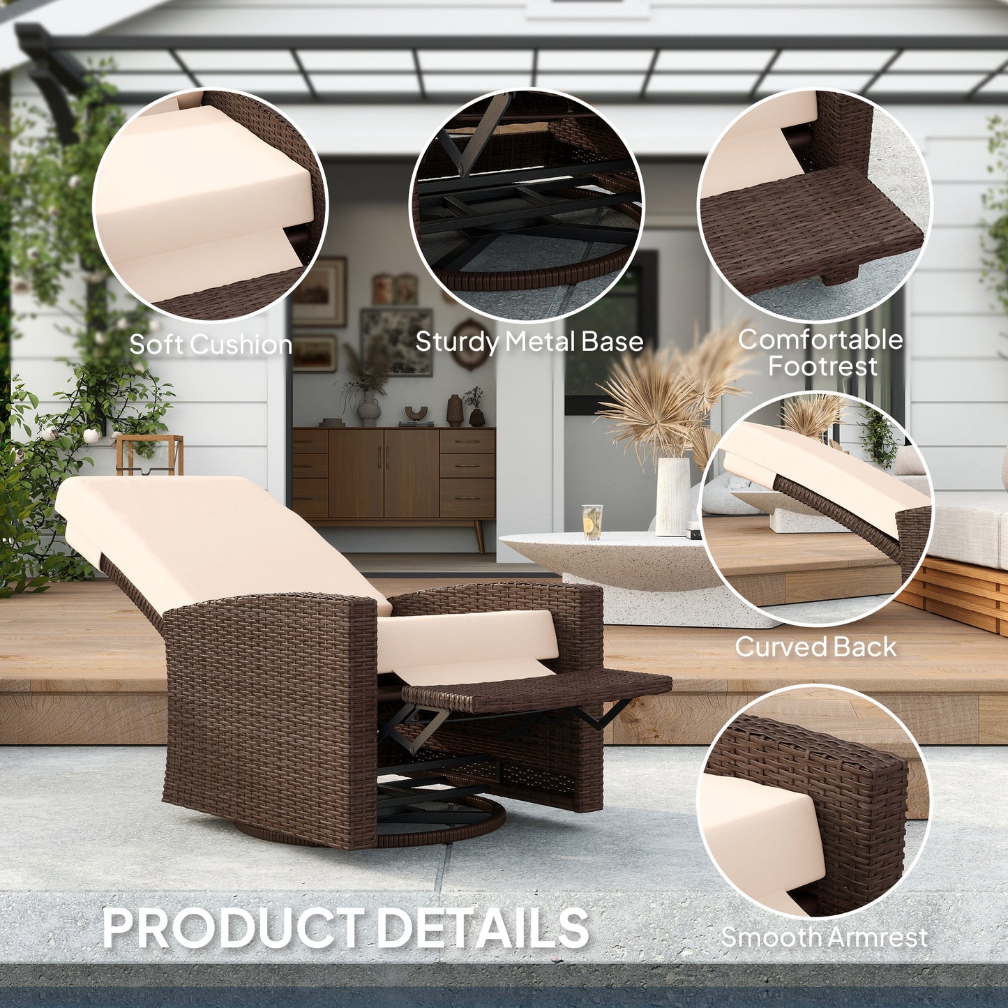 Outdoor Wicker Swivel Recliner Chair with Footrest - Cream White