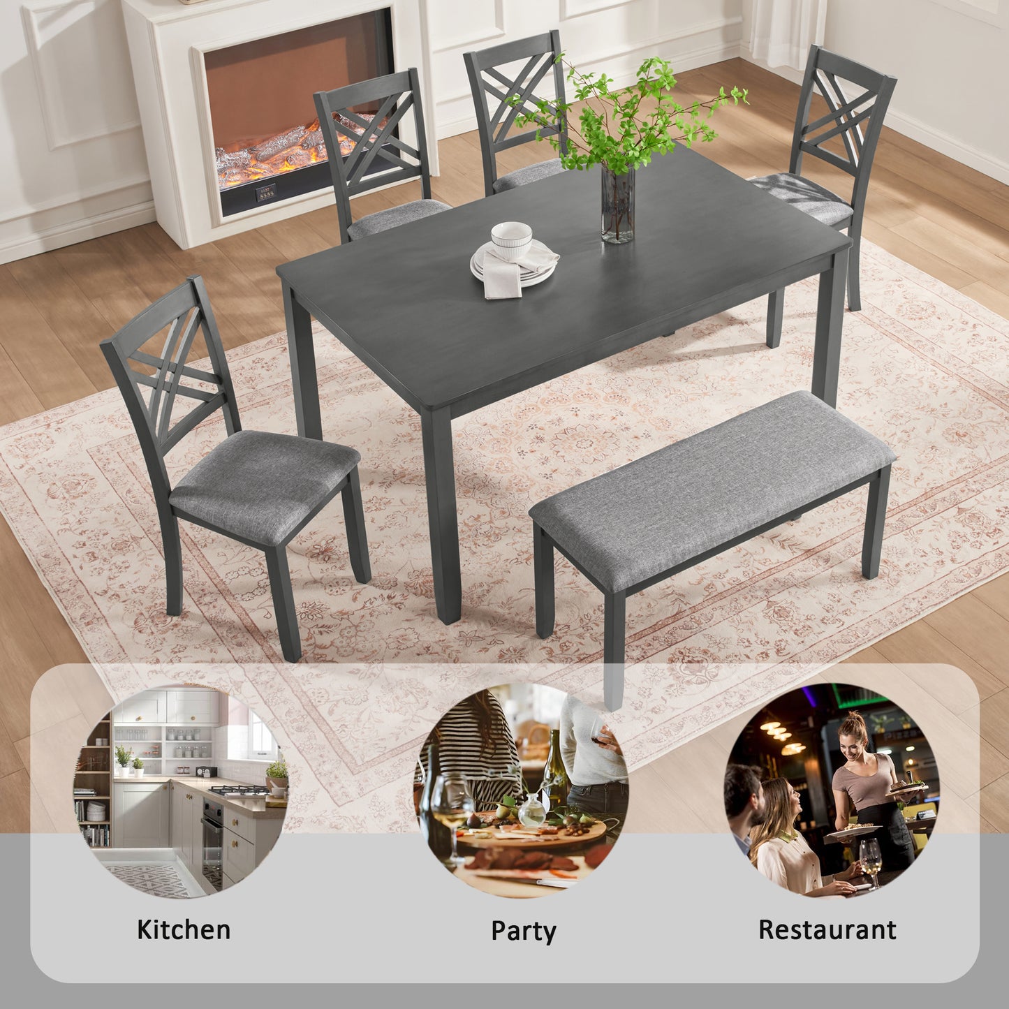 Rectangular Dining Table Set for 6 - Wooden Table with Upholstered Chairs & Bench - Grey