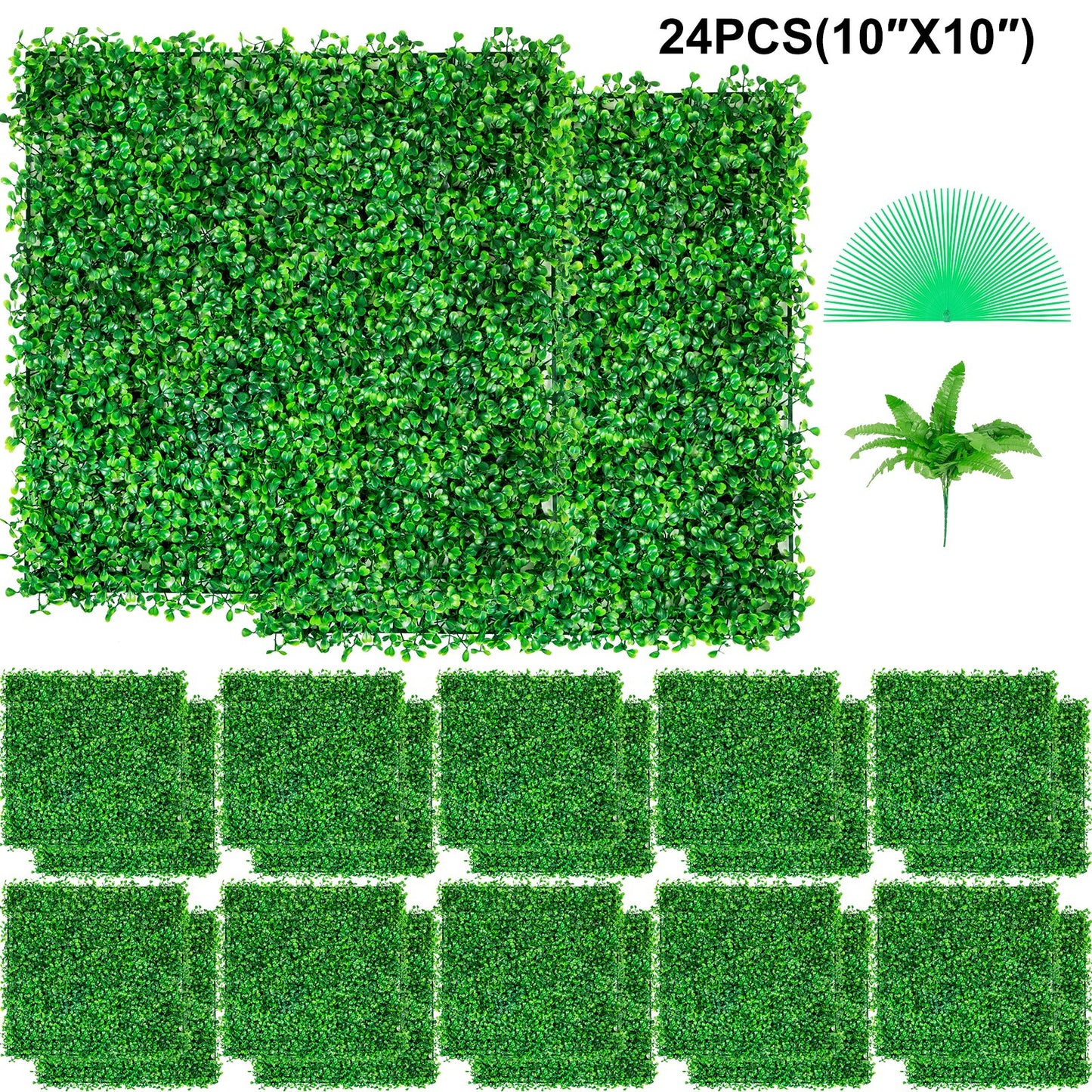 Artificial Boxwood Hedge Wall Panels 24pcs, 10x10 Inches, Green Garden Decor