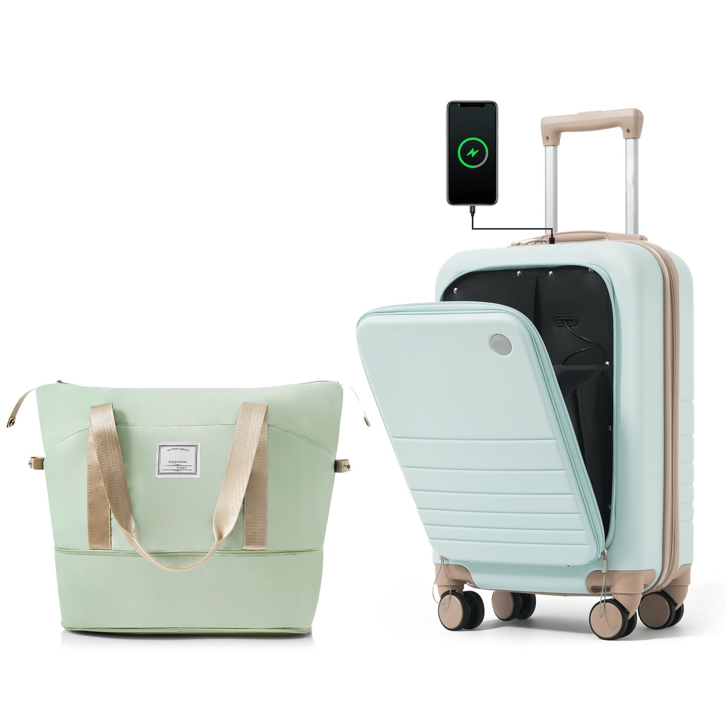 20-Inch Expandable Carry-On Luggage Set with USB Port - Green