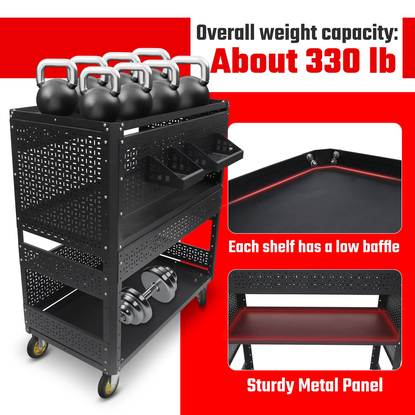 Detachable Utility Cart with 3 Shelves and Pegboard Storage - Black