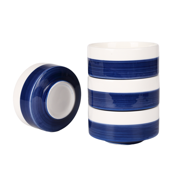 10 oz White-Blue Ceramic Bowls Set of 4 - Microwave & Dishwasher Safe
