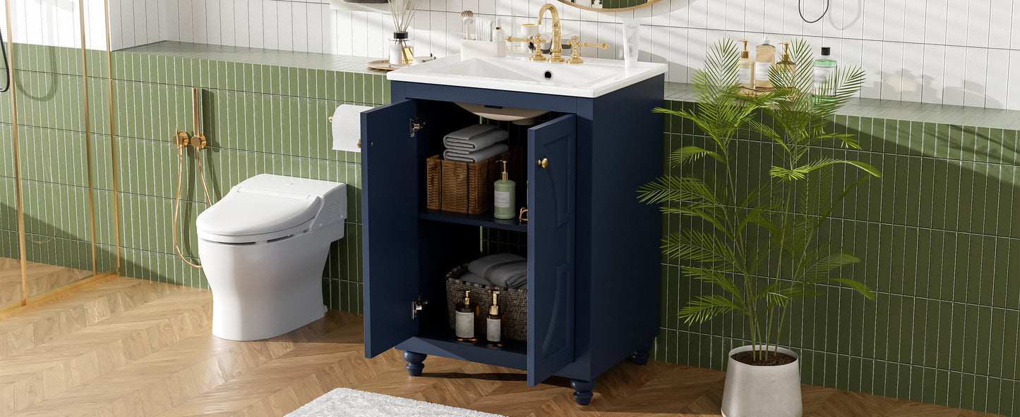 24" Blue Modern Bathroom Vanity with Ornate Design & Soft-Close Hinges