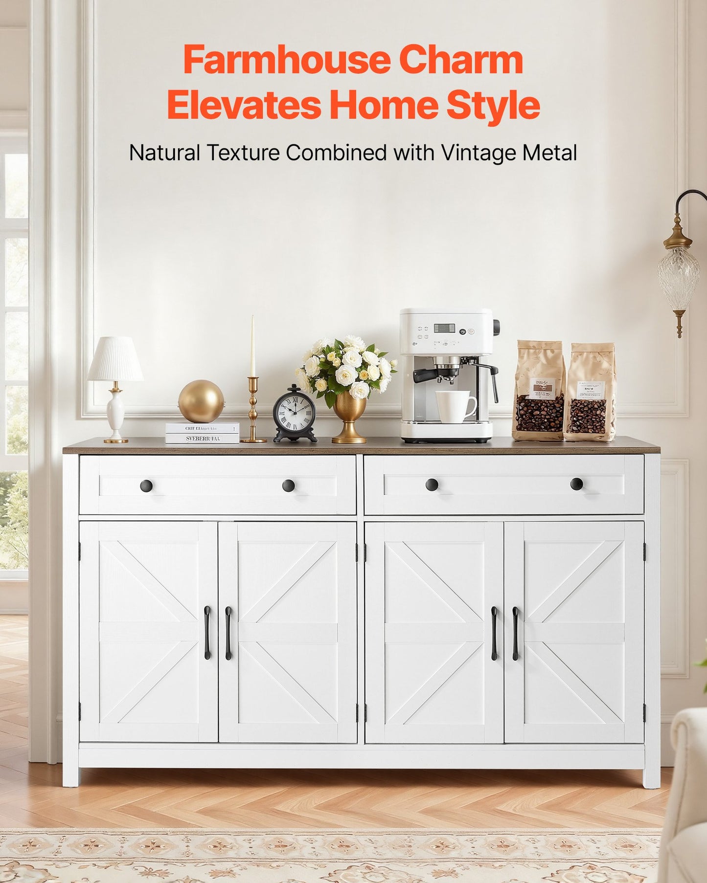 Farmhouse Coffee Bar Cabinet with 2 Drawers & Barn Doors - White