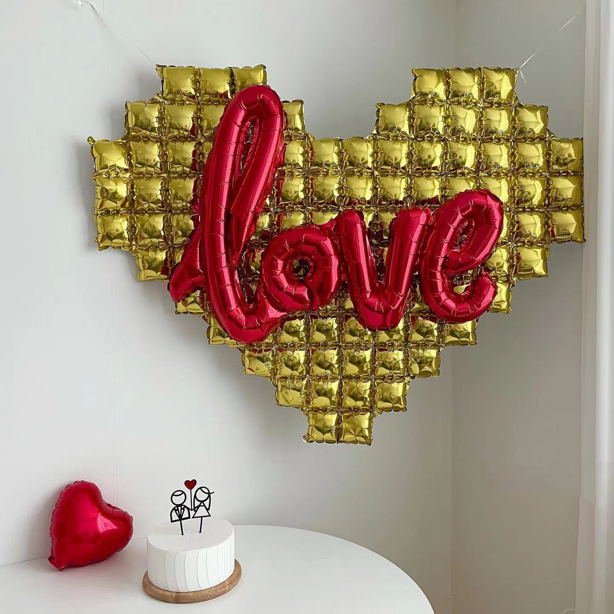 Large Birthday Party Wall Background Balloon - Red & Silver Heart Shapes