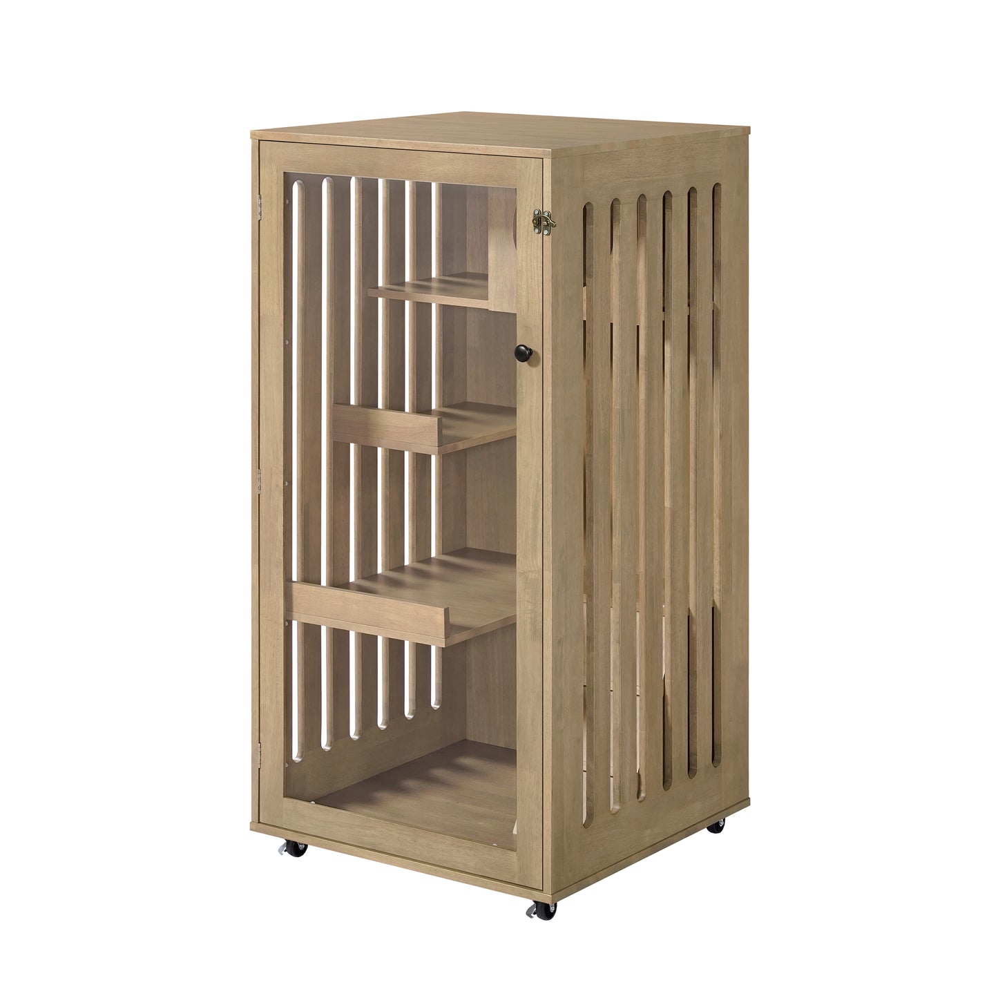 Rubber Wood Cat Enclosure with Multi-Level Shelves & Lockable Wheels - Natural Finish