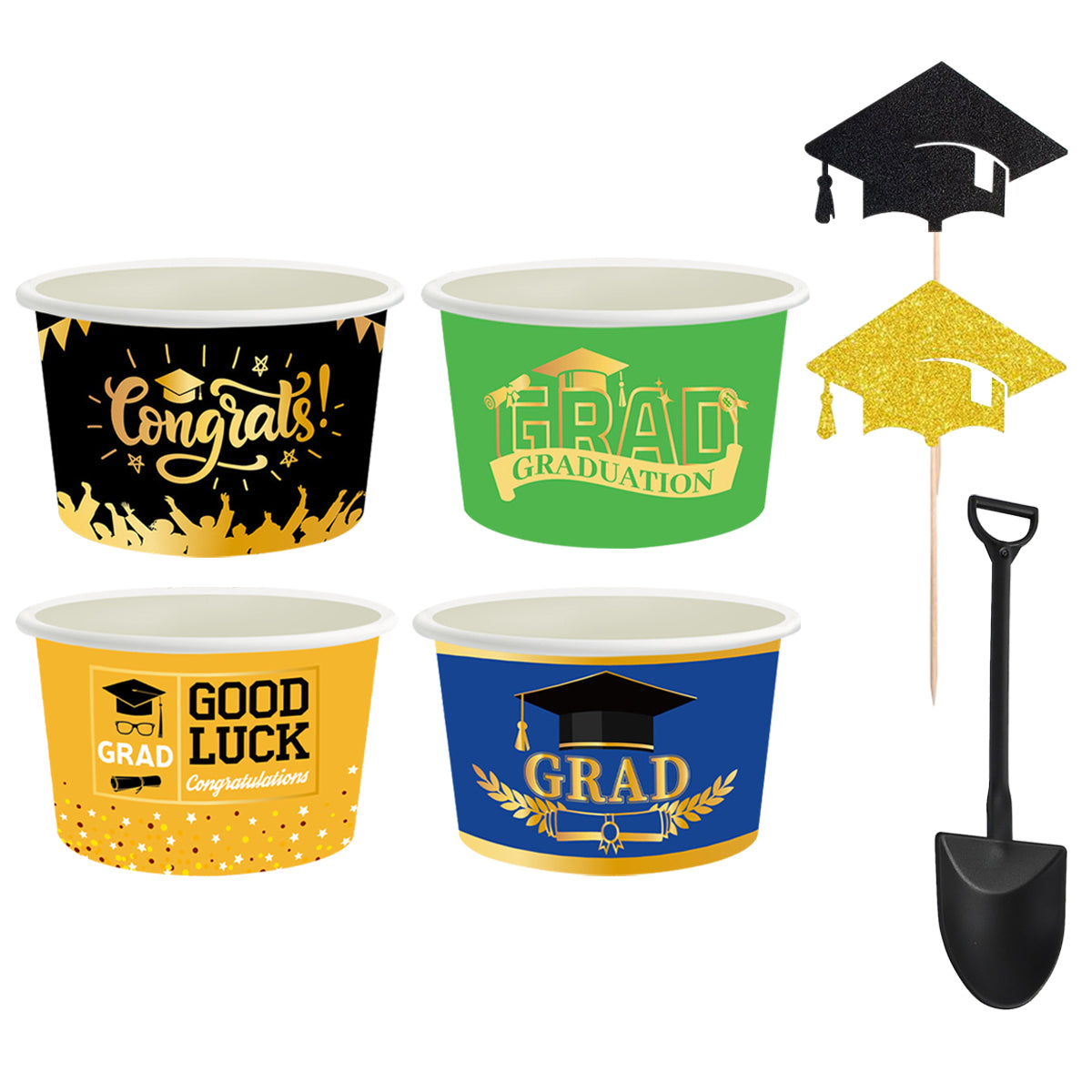 Graduation Ice Cream Cups Set - 24 Disposable Bowls with Spoons & Picks