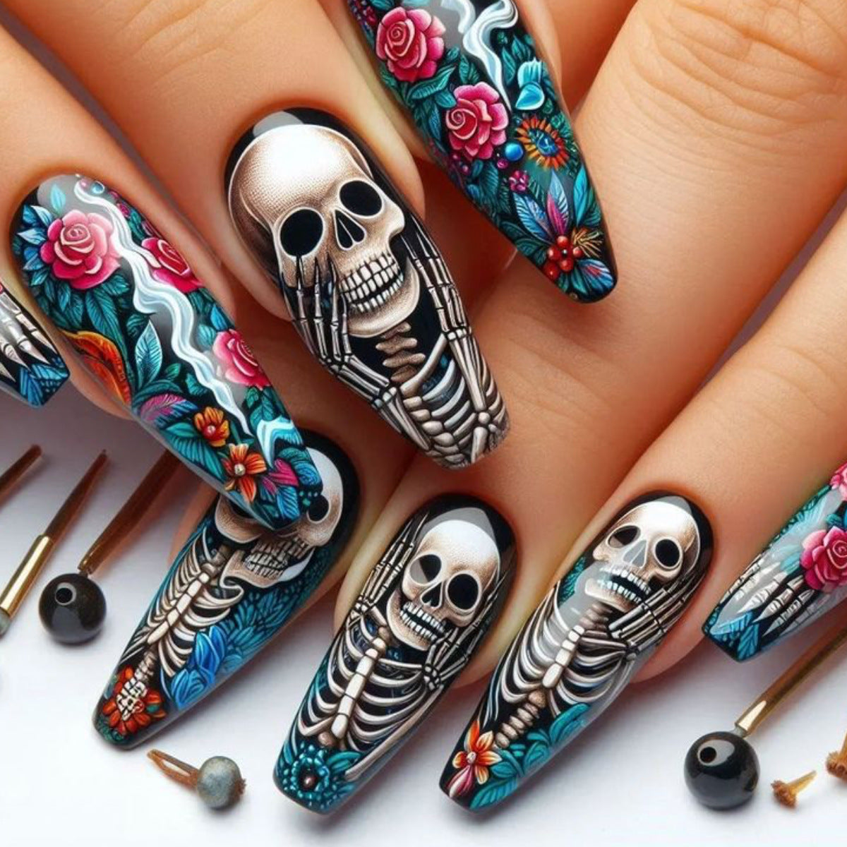 Removable Nail Tips with Flower and Skull Design - Long Ballet Style