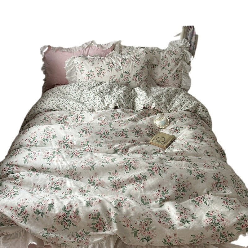 Princess Style Ruffled Cotton Bed Sheet Duvet Cover Set - Floral Minimalist Bedding