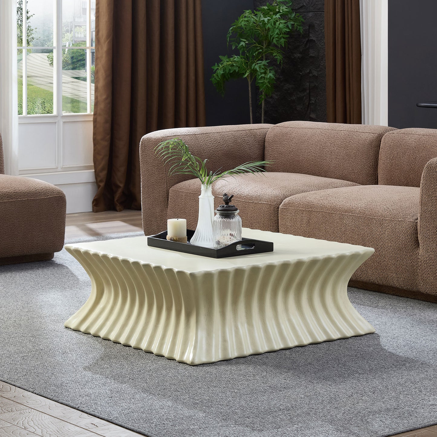 35.43 Inch Square Coffee Table - Vintage Sturdy Fiberglass, Beige