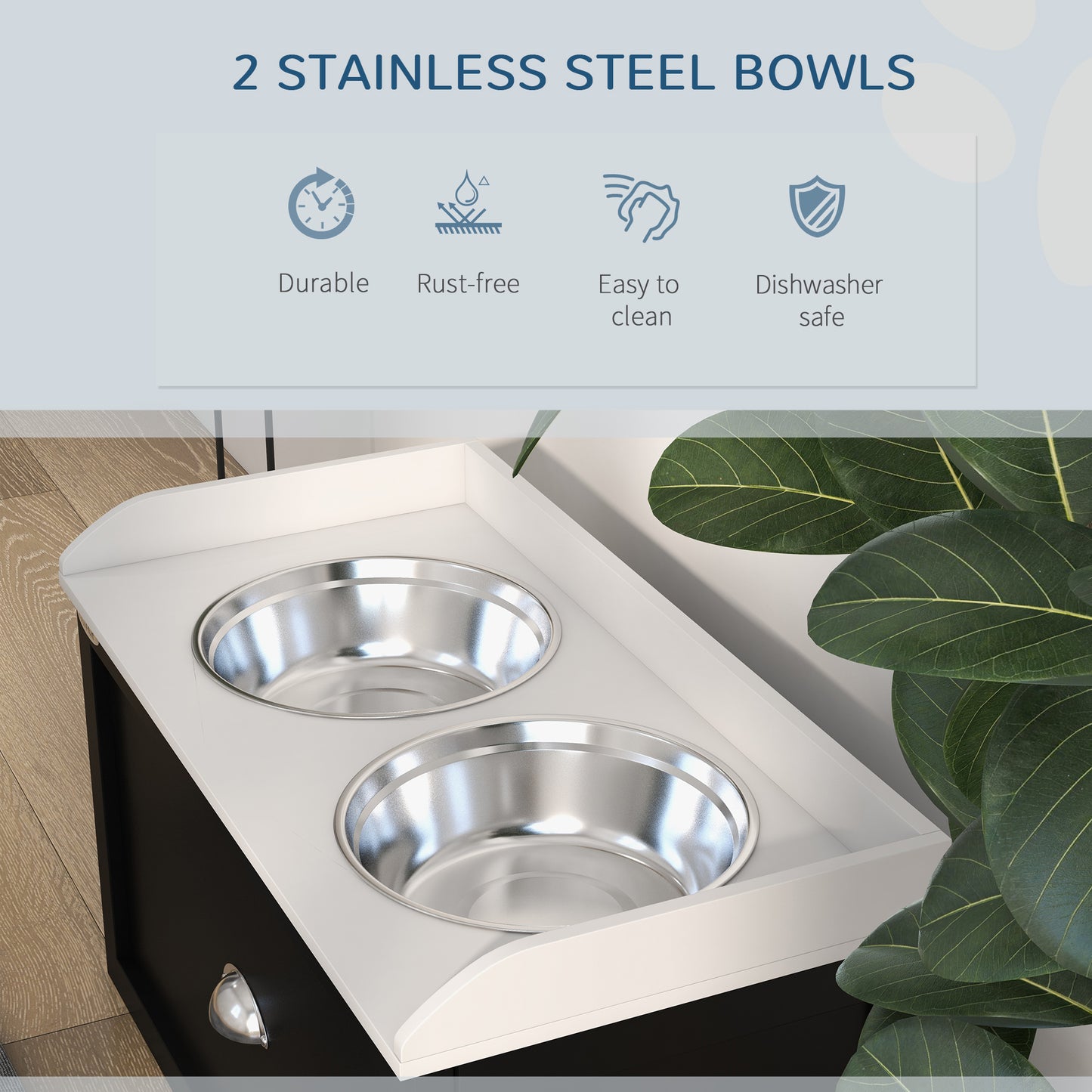 Elevated Dog Food Station with Storage - Large Pet Bowls Set, White & Black