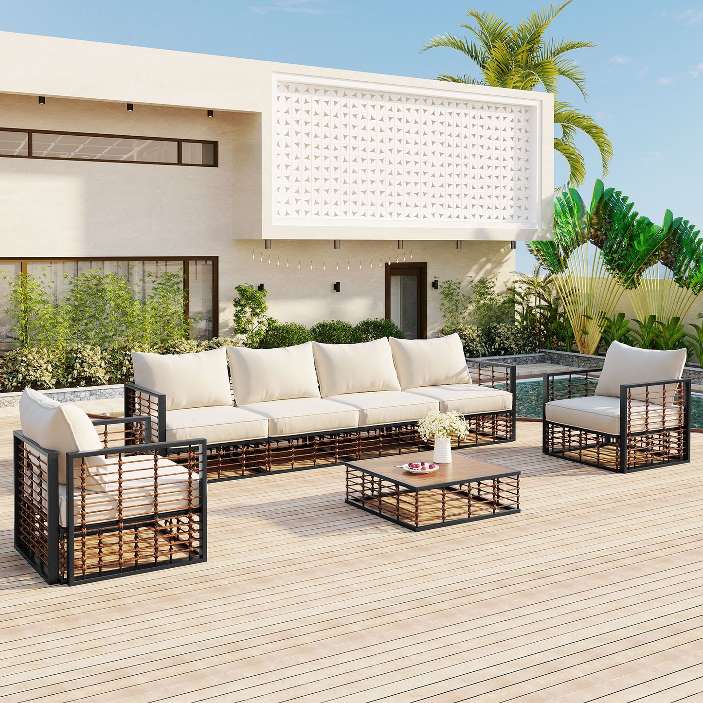 Modern Minimalist 7-Piece Metal Patio Sectional Sofa Set - Dark Grey