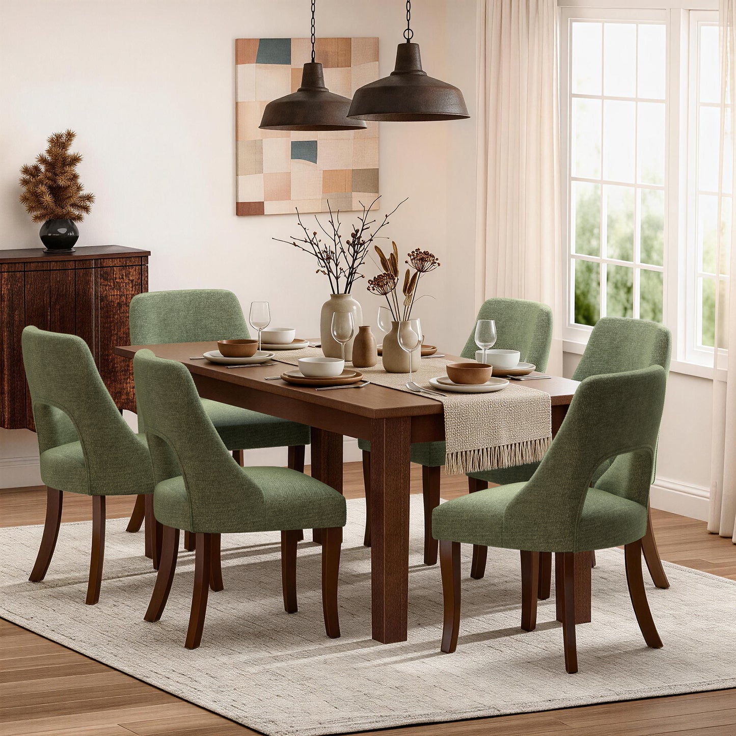 Upholstered Dining Chair Set of 2 - Modern Green Fabric