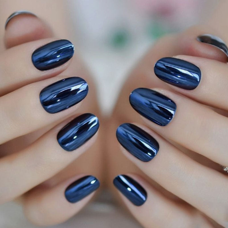 Blue Fake Nail Set with Starry Sky Pattern - Removable & Wearable, 24 Pieces