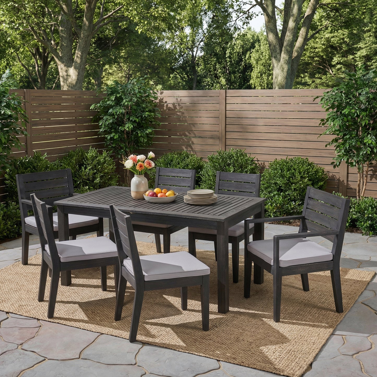 Outdoor Expandable Dining Set - 7 Piece Acacia Wood in Dark Gray & Light Gray