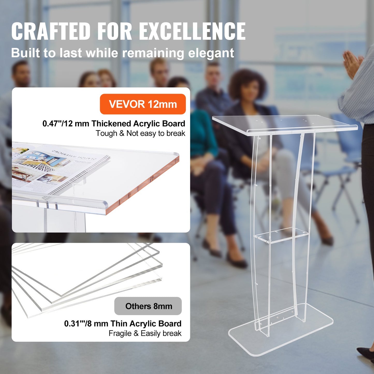 47-Inch Clear Acrylic Podium Stand with Storage Shelf