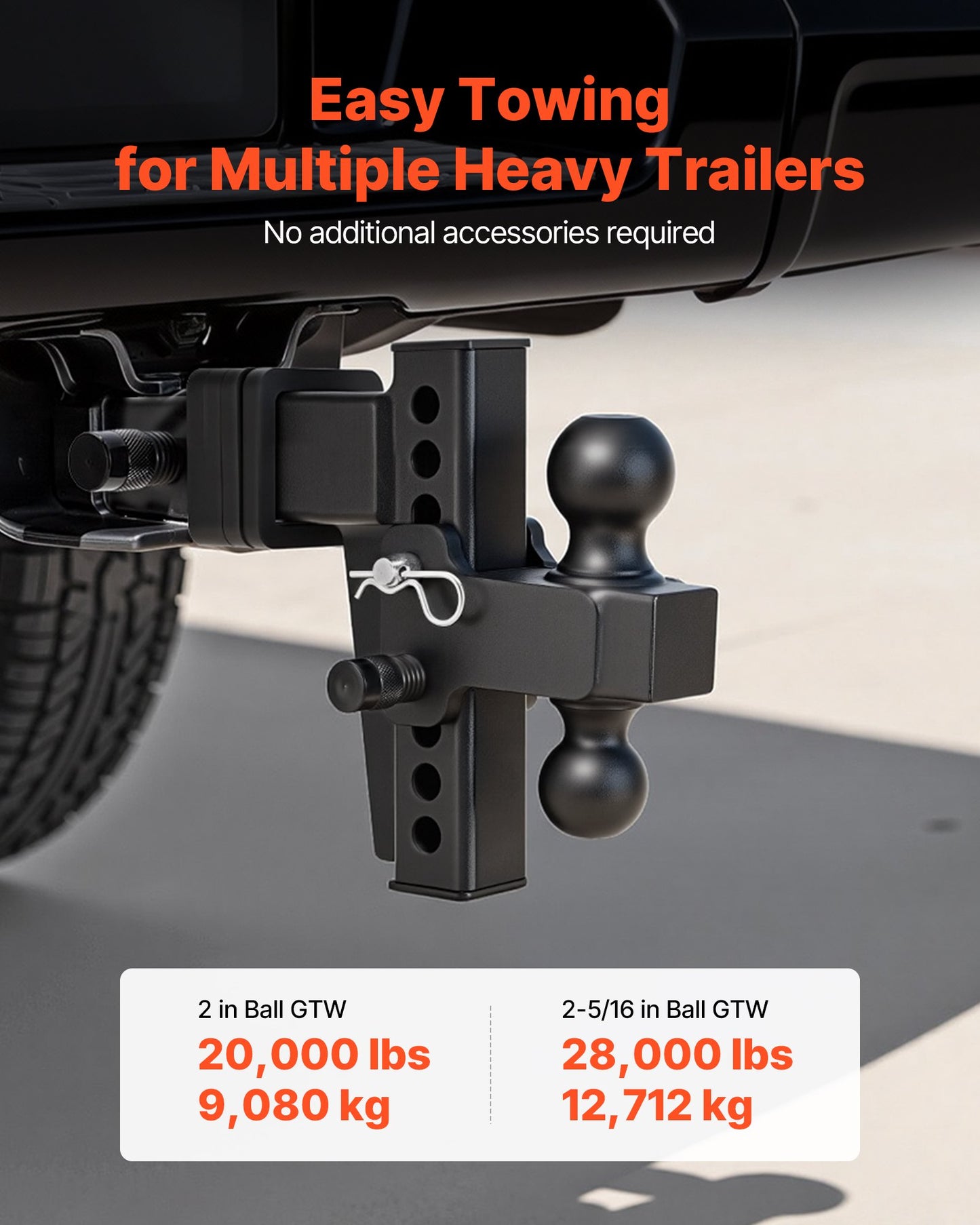 Adjustable Trailer Hitch Ball Mount 2.5-Inch Receiver 28000 Lbs GTW Black