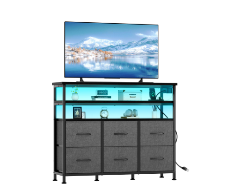 39-Inch TV Stand with RGB LED Lights & Charging Station - Gray