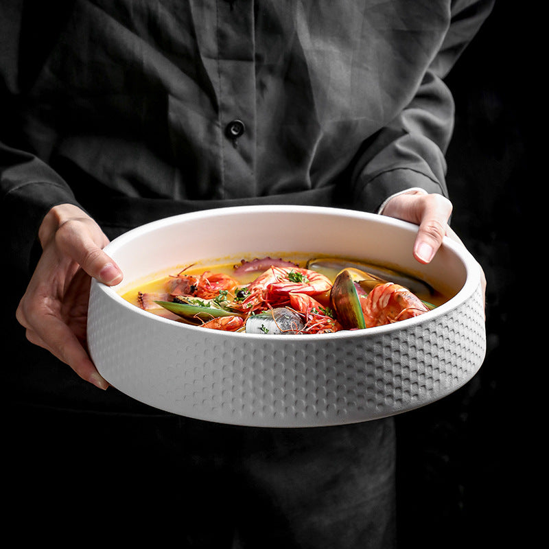 Large Ceramic Soup Bowl Set - Household Kitchen Dinnerware, Frosted White & Black