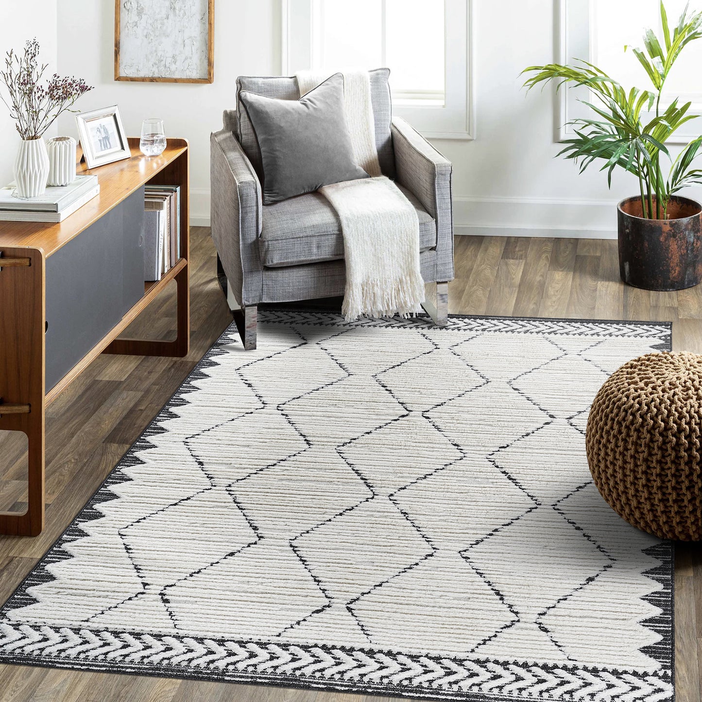 Step Collection High-Low Trellis Cream Anthracite Indoor Area Rug,