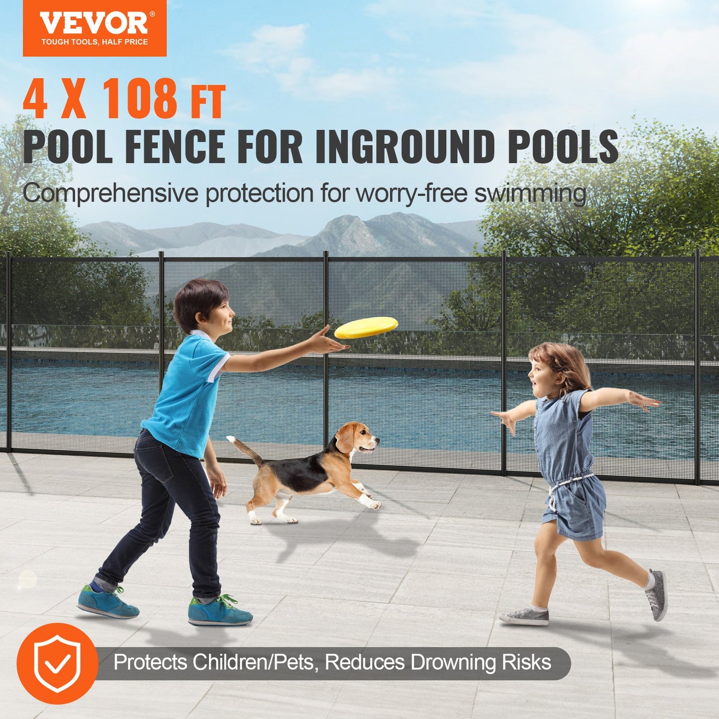 Removable Child Safety Pool Fence 4x108 ft Mesh Barrier for Inground Pools - Black