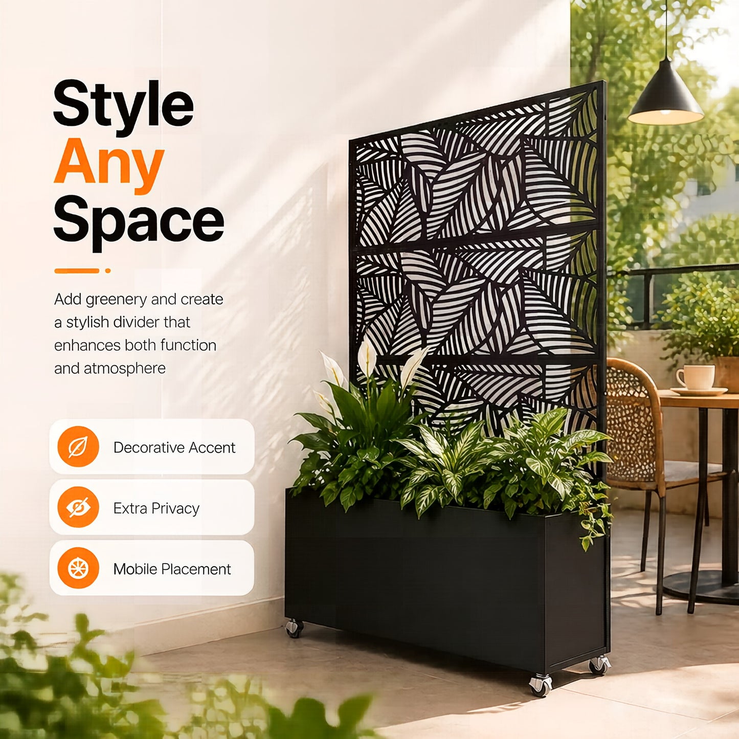 Leaf Pattern Privacy Screen with Planter Box - Black Metal