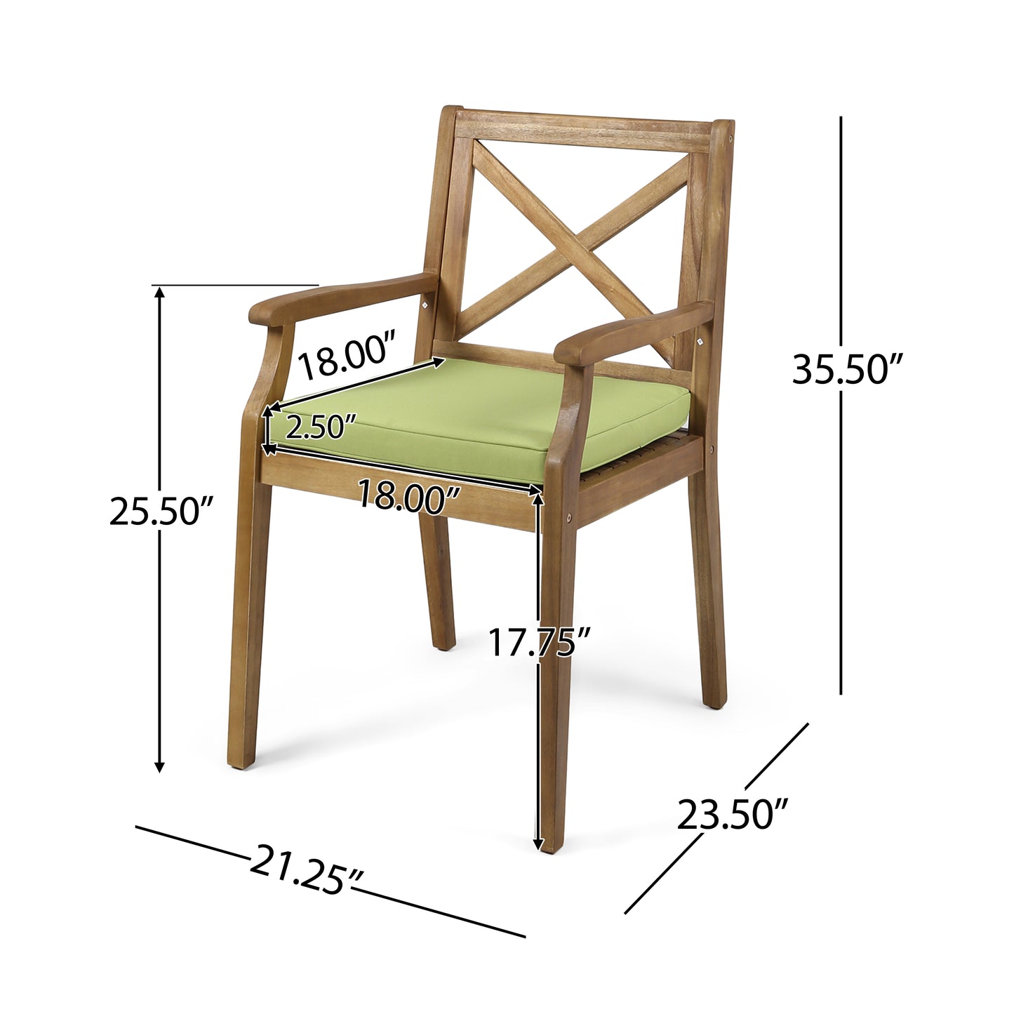 Acacia Wood Dining Chair Set with Green Cushions - 2 Pieces