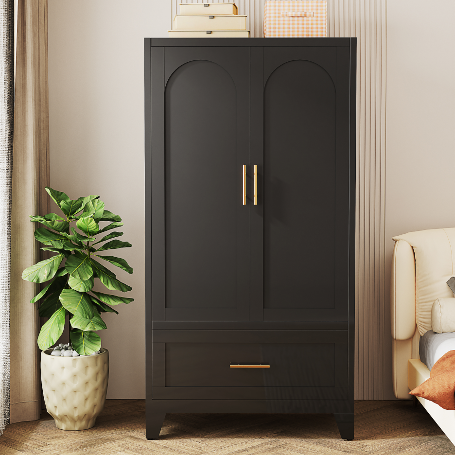 60-Inch Tall Metal Wardrobe Cabinet with Drawer and Shelf - Black
