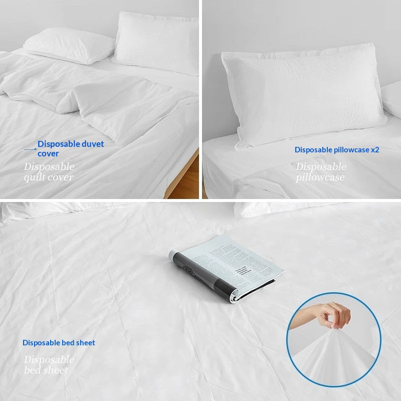 Disposable Bed Sheet Duvet Cover and Pillowcase Bedding Set - White or Printed