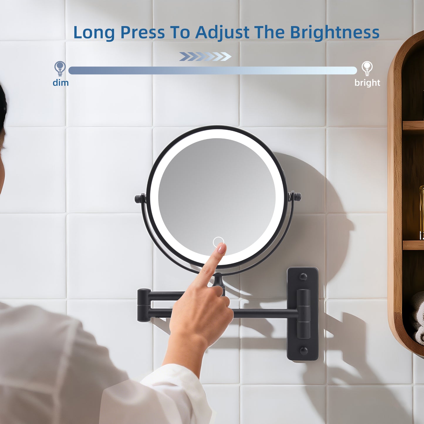 Wall Mounted Lighted Makeup Mirror - 1X/10X Magnification, Rechargeable, Touch Dimmable, 3 Color Lights, Black